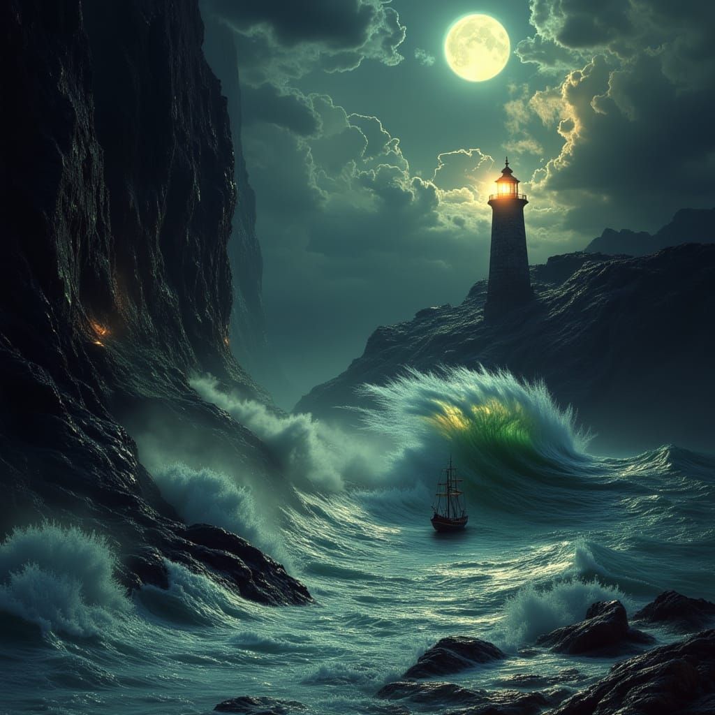 Battered Lighthouse Guiding Ship Through Stormy Seas