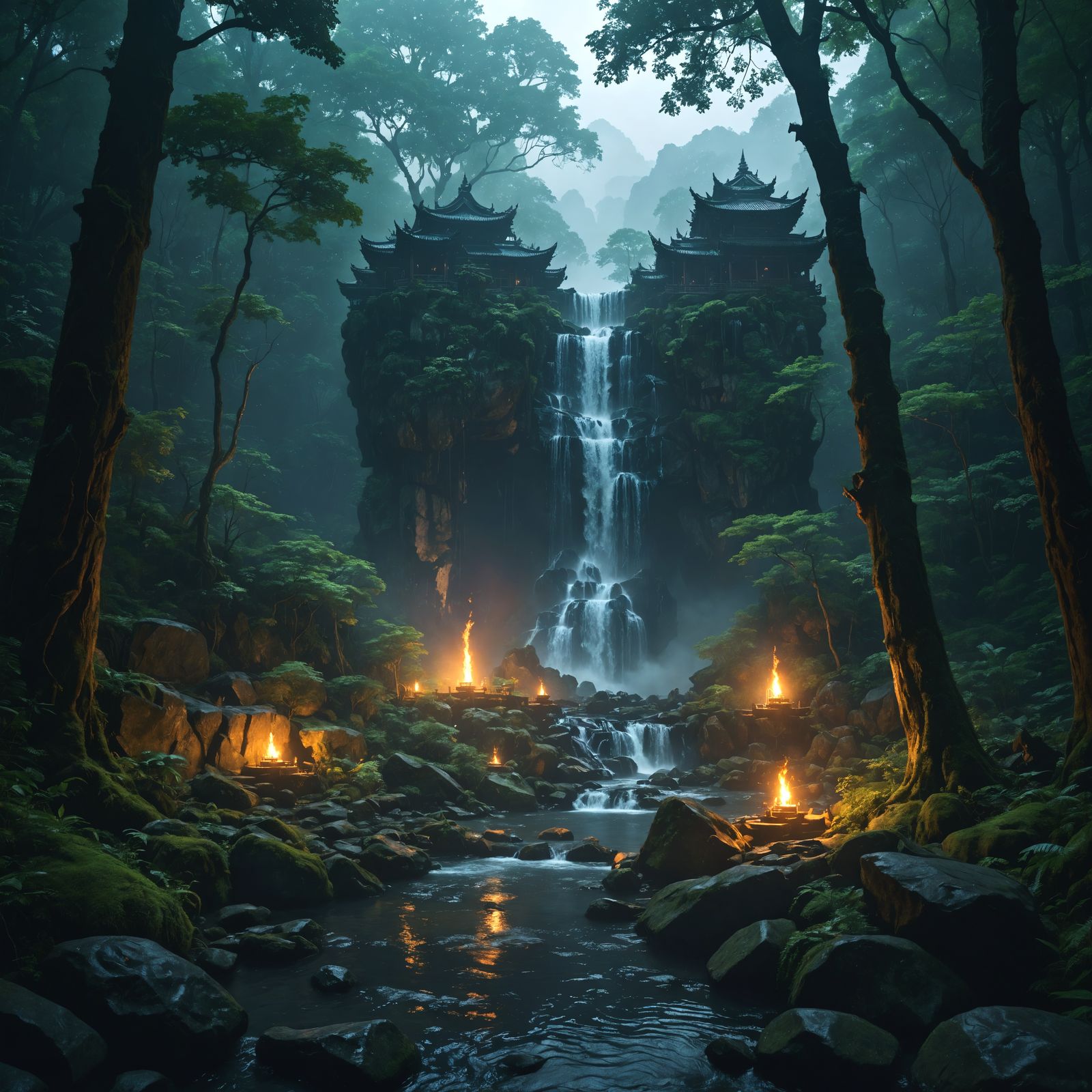 Hidden Zen Temple in Dark Woods: Digital Matte Painting