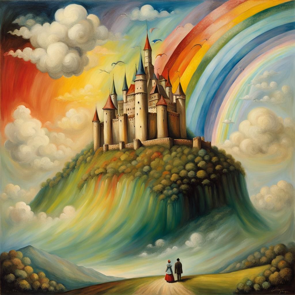 Colorful Rainbow Castle in the Clouds, Expressionist Oil Pai...