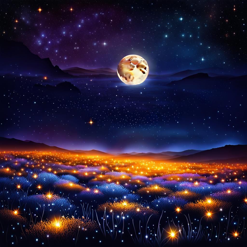 Orange Full Moon in Starry Night Sky