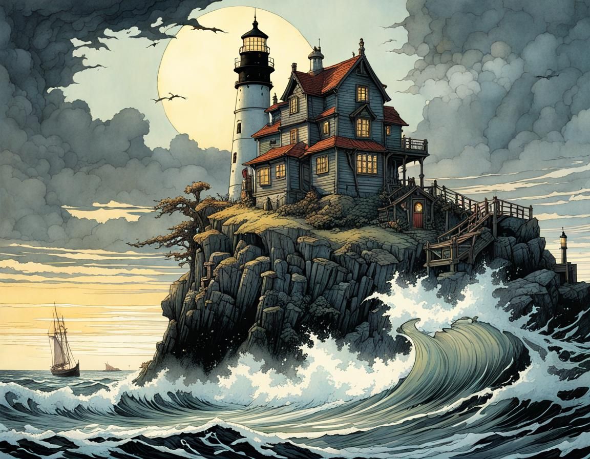 Whimsical Lighthouse Scene in Intricate Illustrative Style