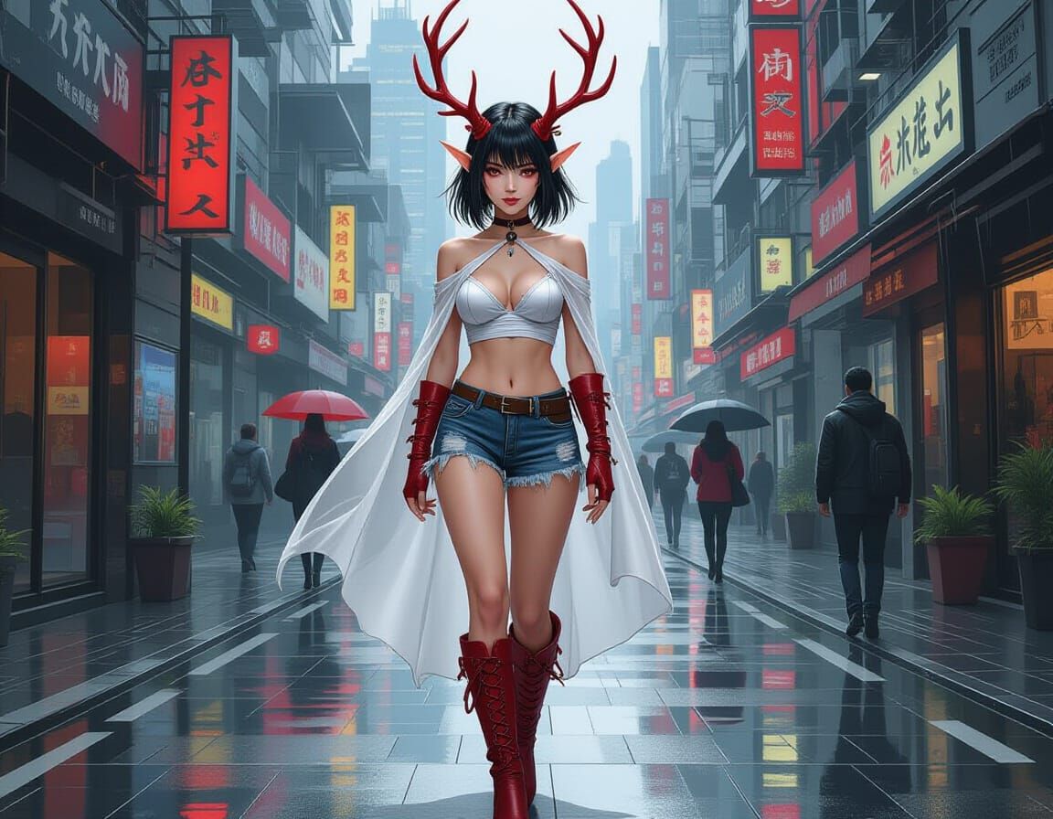 Red-Eyed Elf Maiden in Cyberpunk City
