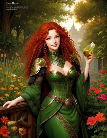 Sensual Redhead with Green Eyes in Irradiated Garden