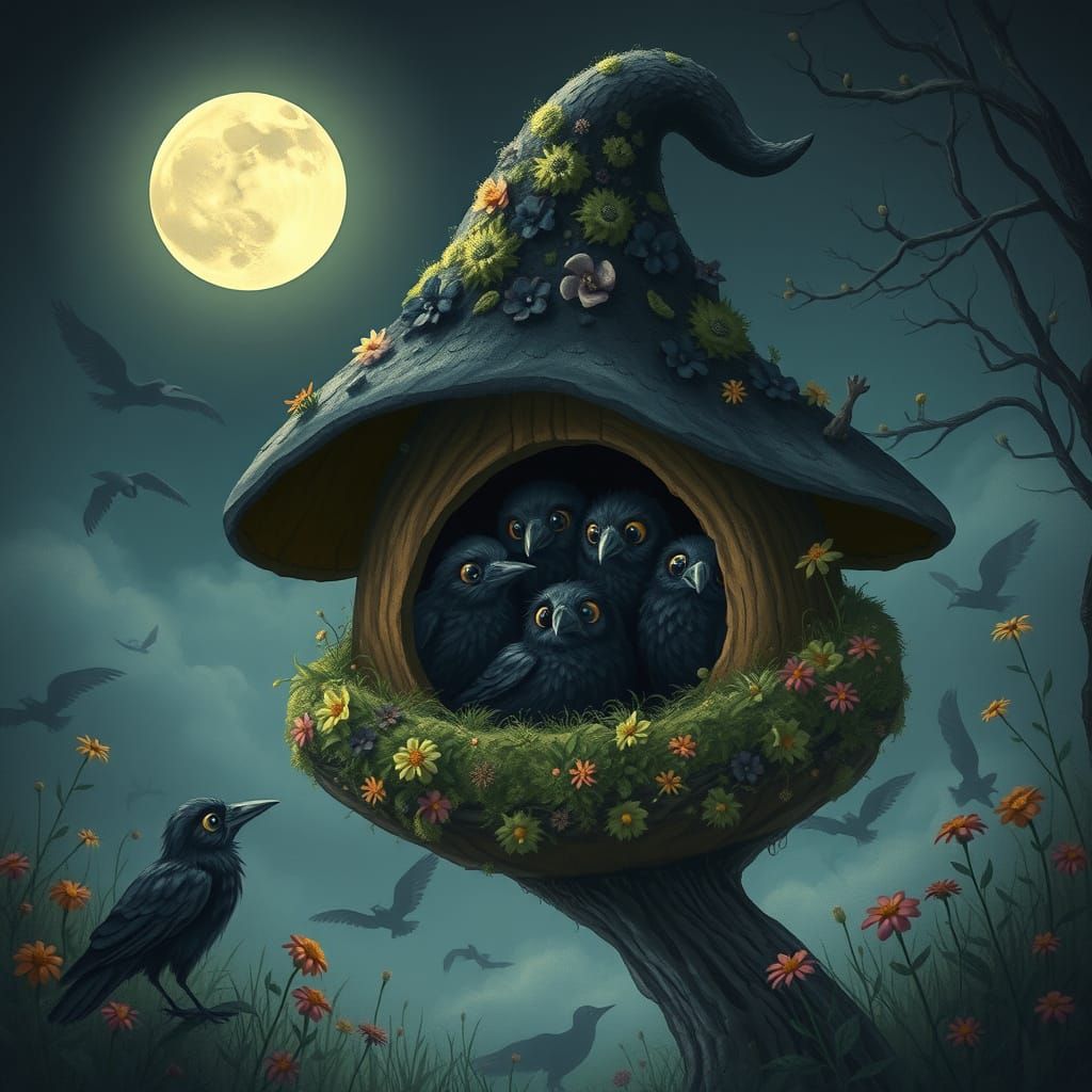 Magical Ravens in Witch Hat Birdhouse