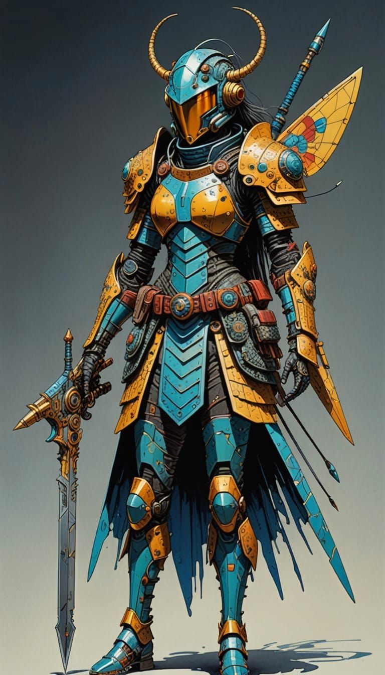 Cyberpunk-Inspired Warrior in Insect-Themed Armor