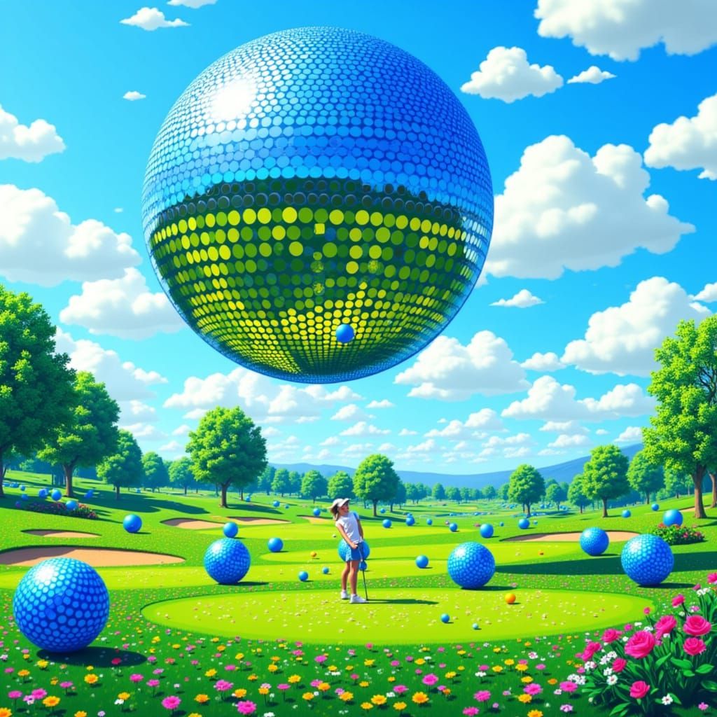 Surreal Golf Course with Mirrored Sphere, Kusama-Inspired