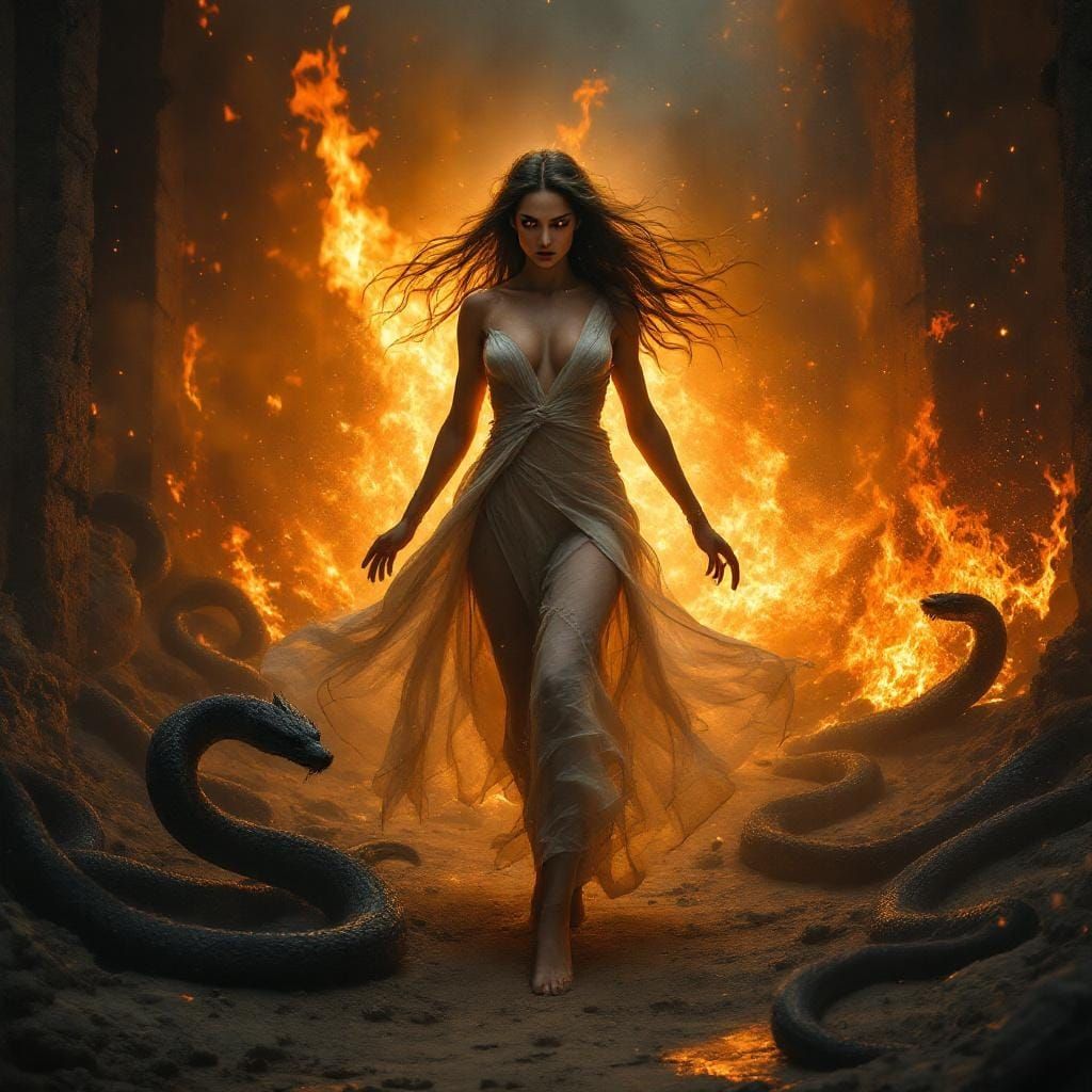 Woman Emerges from Burning Castle in Digital Art