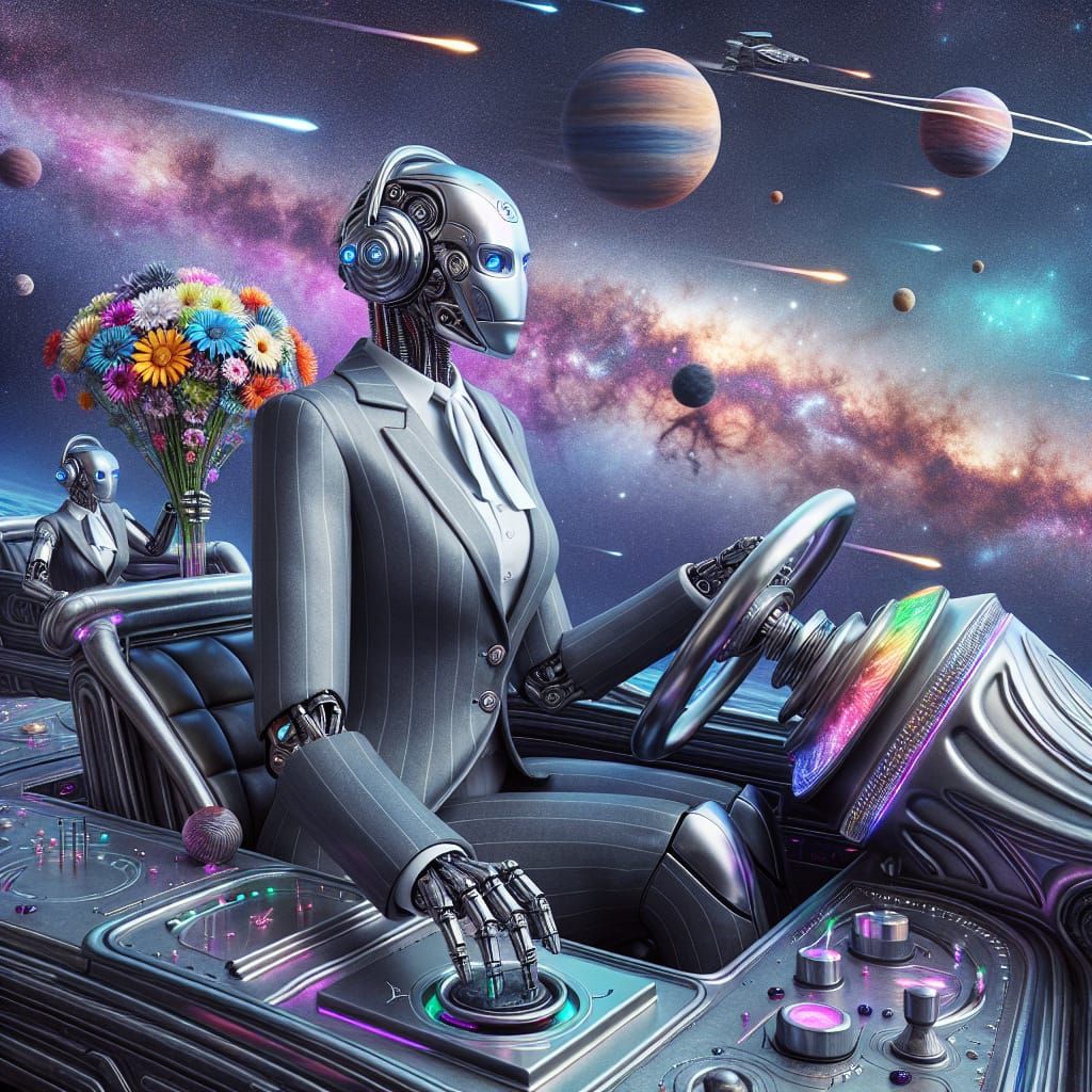 Robot Lawyer Pilots Paper Spaceship in Sci-Fi Galaxy