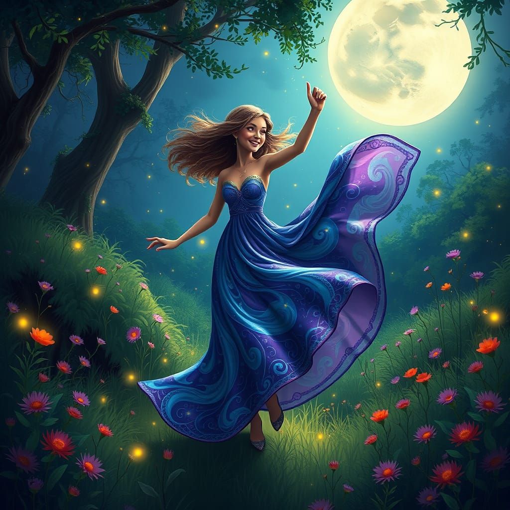 Whimsical Woman Dances Under Moonlit Forest Canopy in Art No...