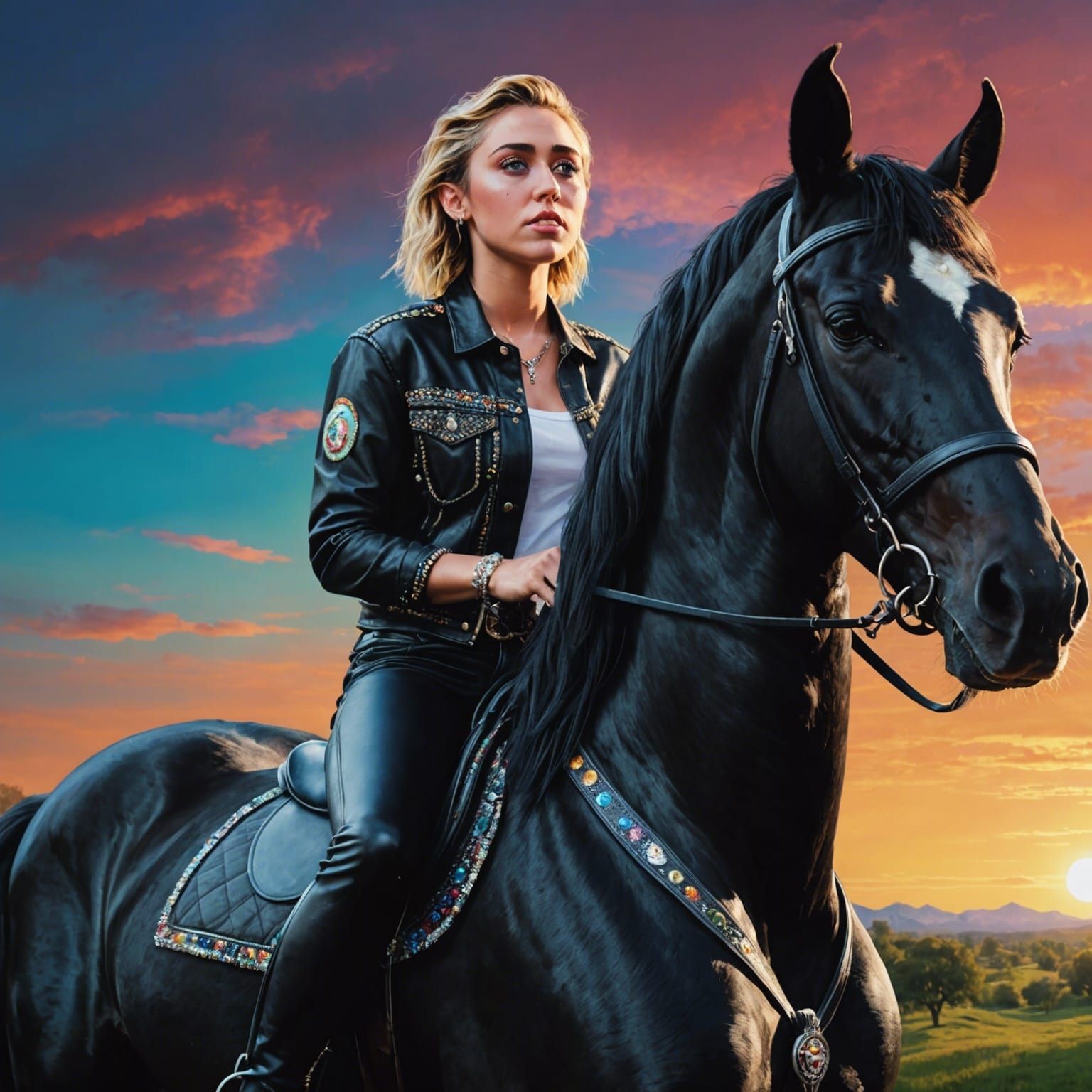 Miley Cyrus on Black Horse, Hyperrealistic Portrait