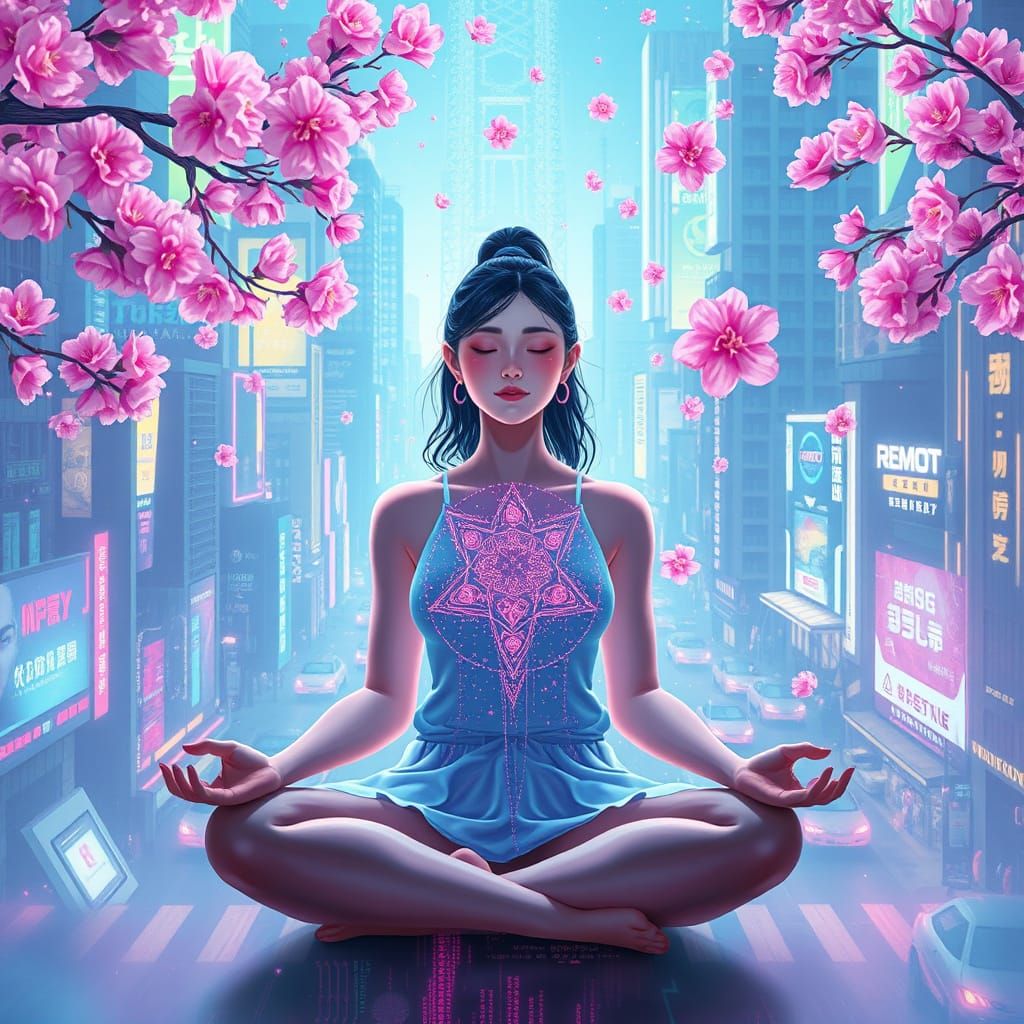 Cyberpunk Girl Meditating in Digital Dreamscape