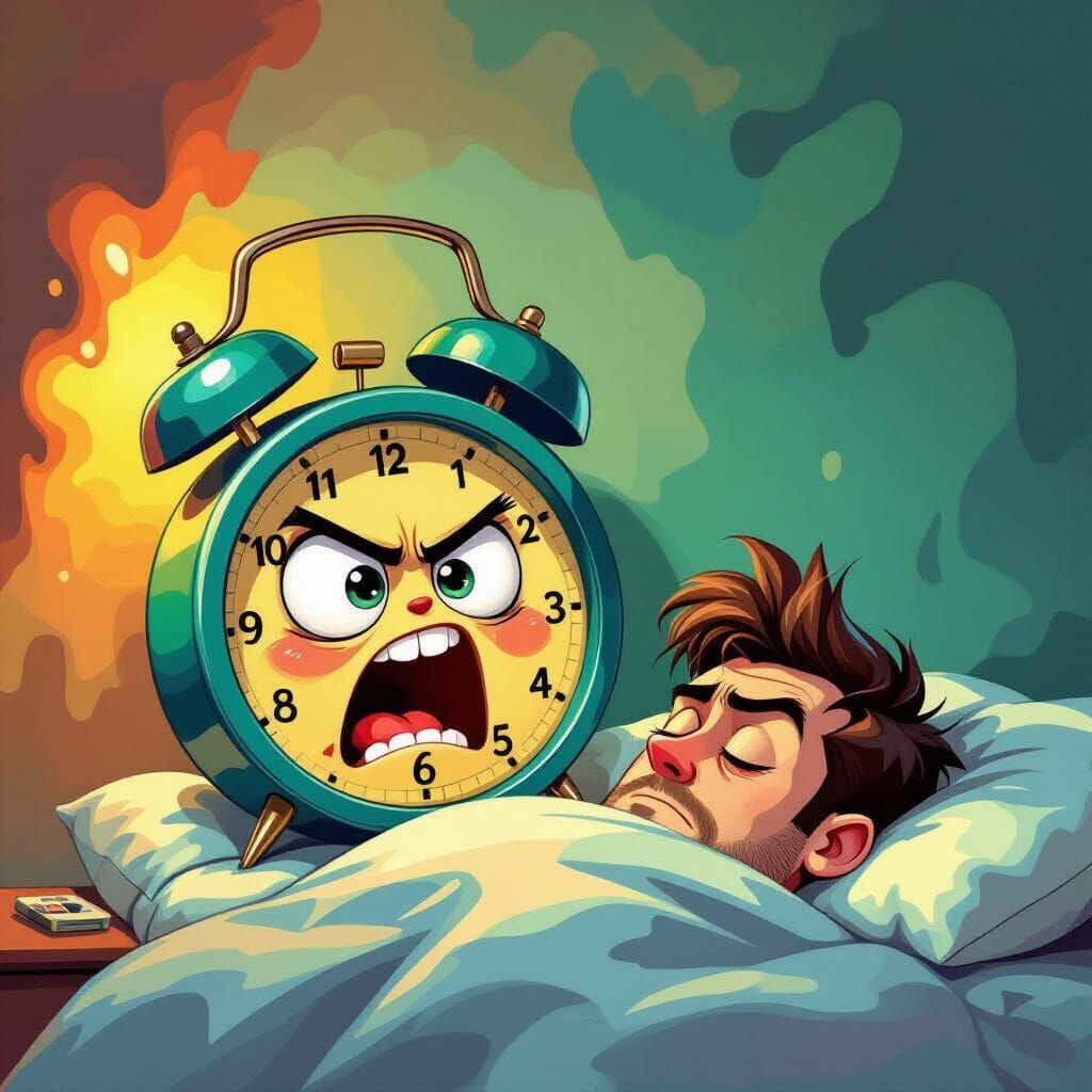Surreal Cartoon Alarm Clock Wakes Sleeping Man