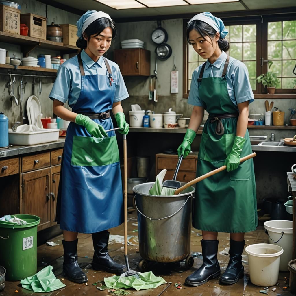 Hyperrealistic Charwomen Clean a Medical Practice