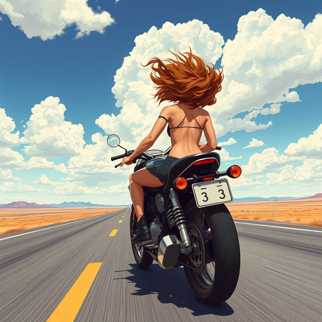 Woman on Motorcycle in Futuristic Landscape