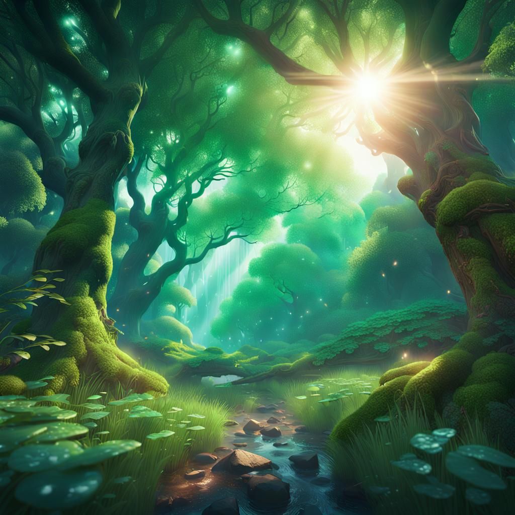 Sunlit Forest After Rain: Detailed Matte Painting
