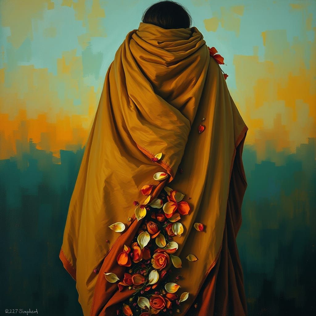 Whispers of Dusk in Earth-Toned Robe, Petals Scattered in Ge...