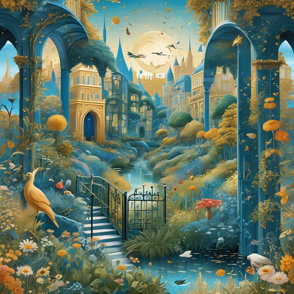 Dreamlike Golden Cityscape with Starry Sky