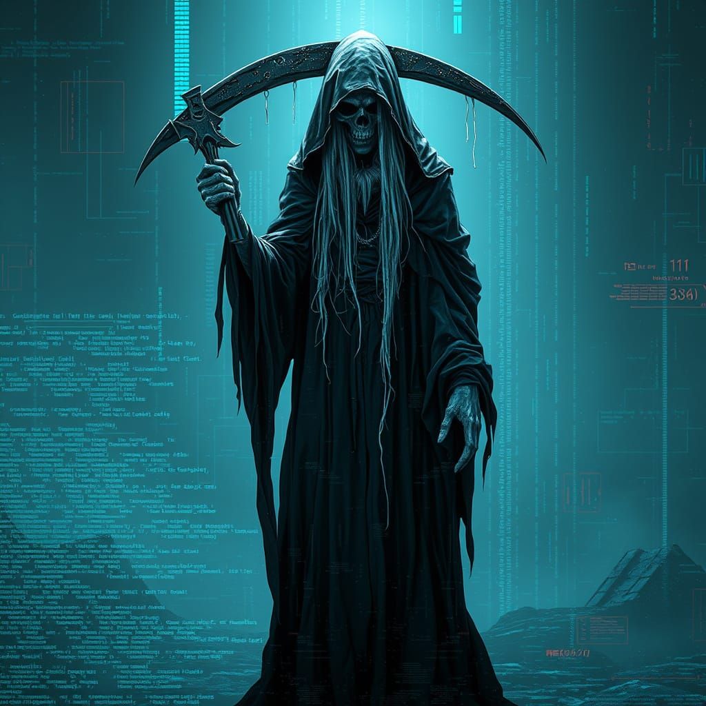 Despondent Grim Reaper in Dystopian Digital Realm
