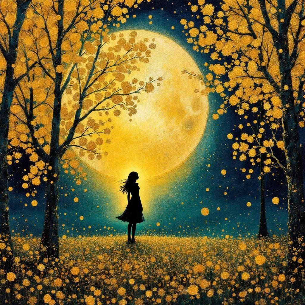 Golden Moonlit Silhouette in Impressionistic Style