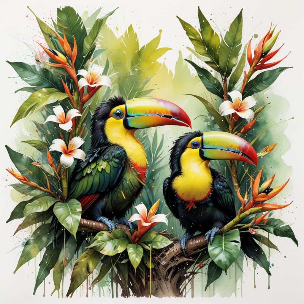 Toucan Nestlings in Jungle with Tropical Blooms