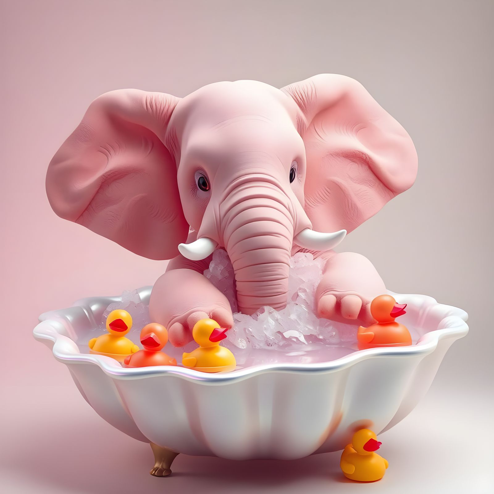 Surreal Pastel Elephant in Seashell Tub with Colorful Duckie...