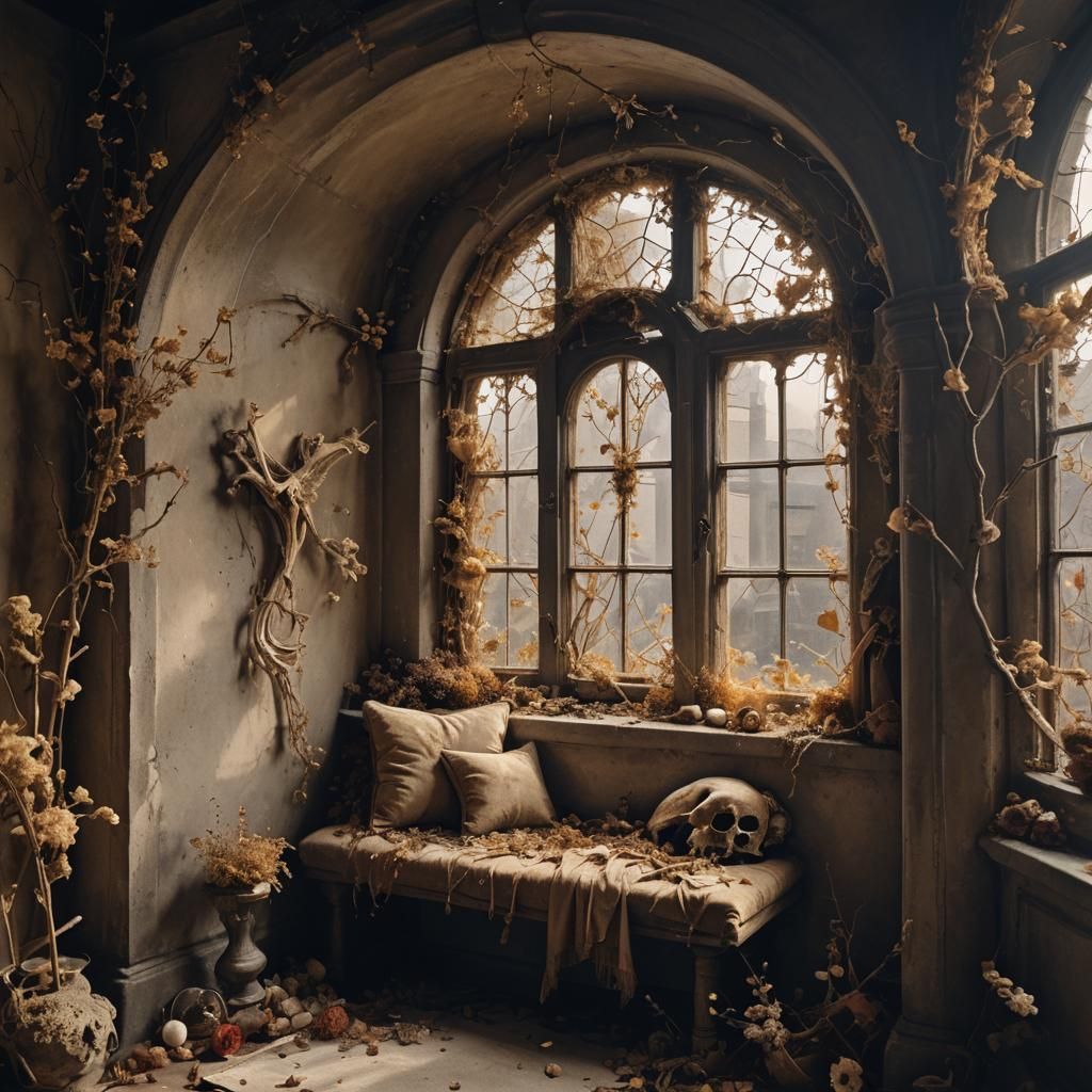 Mysterious Alcove with Golden Ring and Dried Flowers