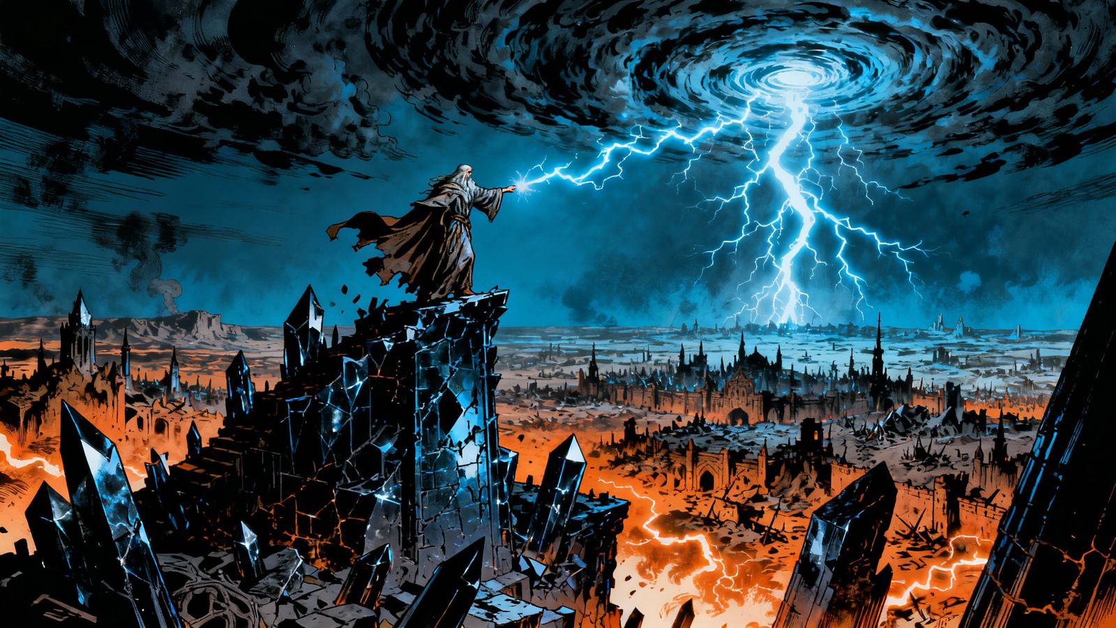 Wizard Conjures Vortex on Obsidian Tower in Comic Fantasy St...