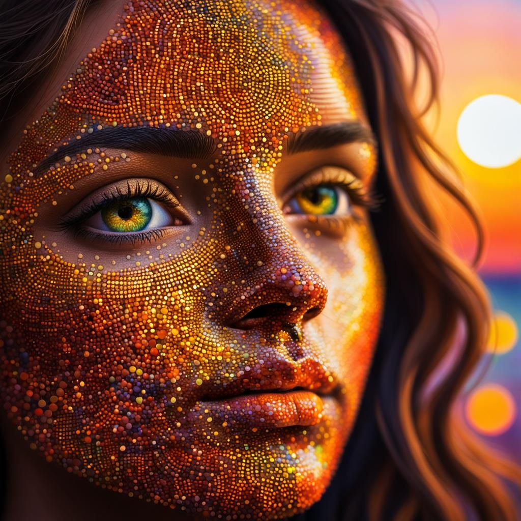 Pointillist Portrait: Face within a Face in Sunset