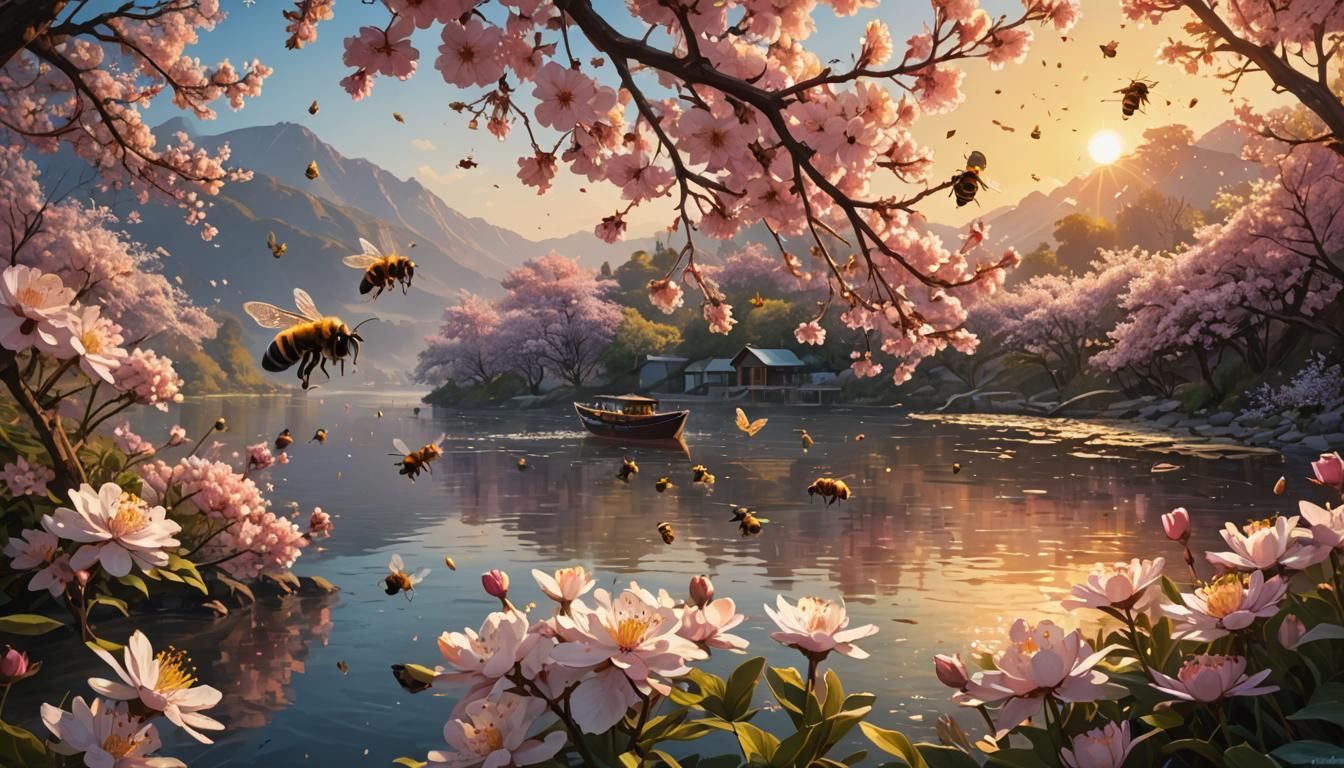 Hyperrealistic Blossoms, Bees, Sunrise, and River Boat