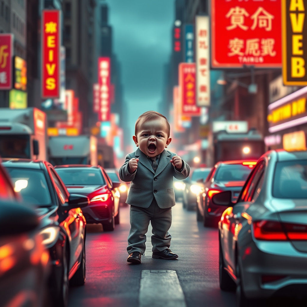 Miniature Warrior Baby Stands Firm Amidst a City in Chaos