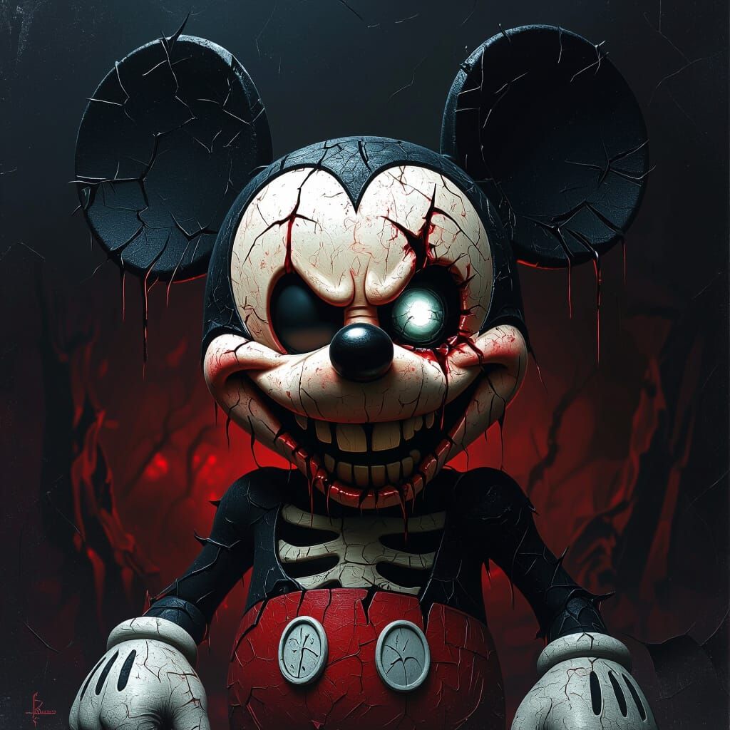 Creepy Mickey Mouse in Psychological Horror Style