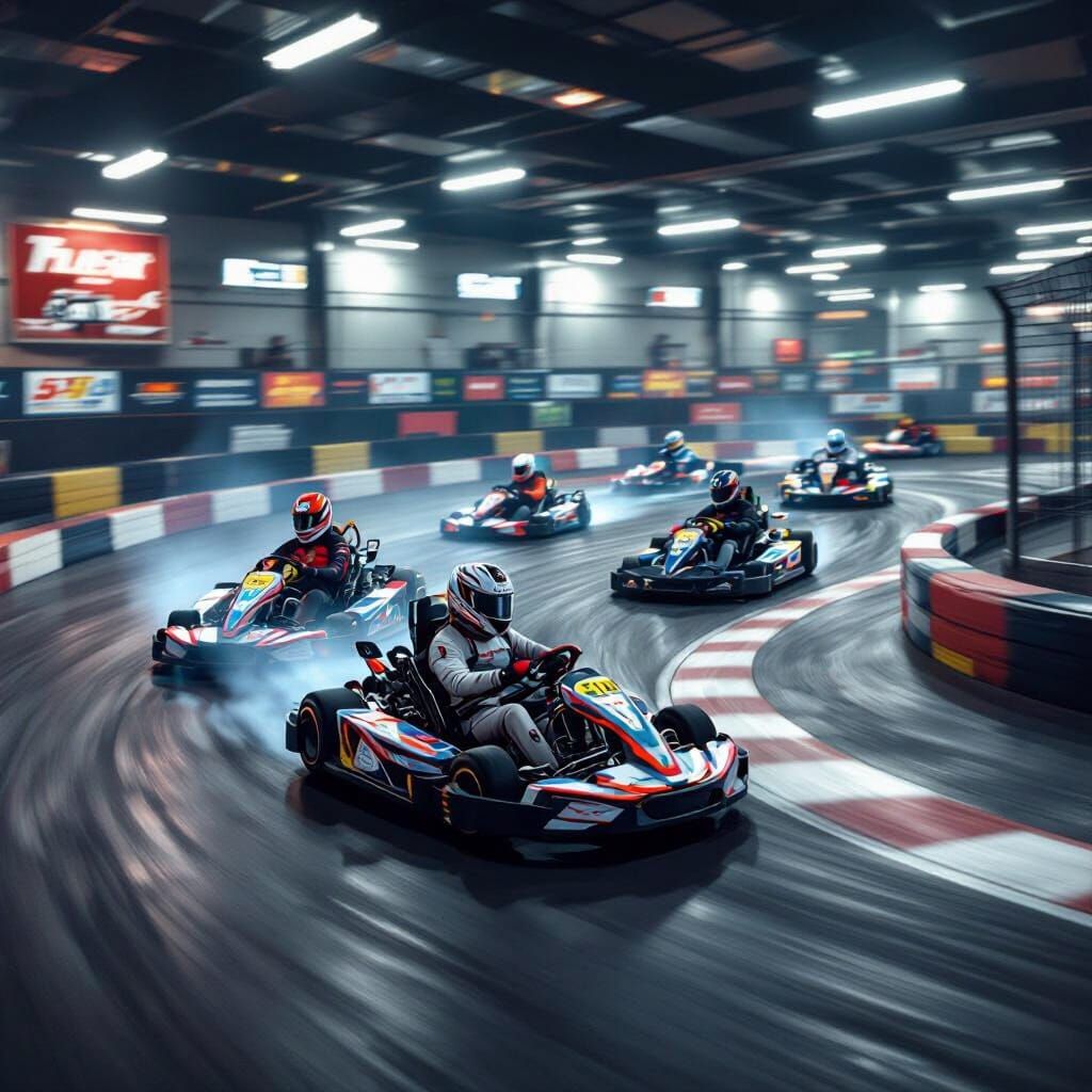 Six Men Race Go-Karts Indoors on Wooden Track