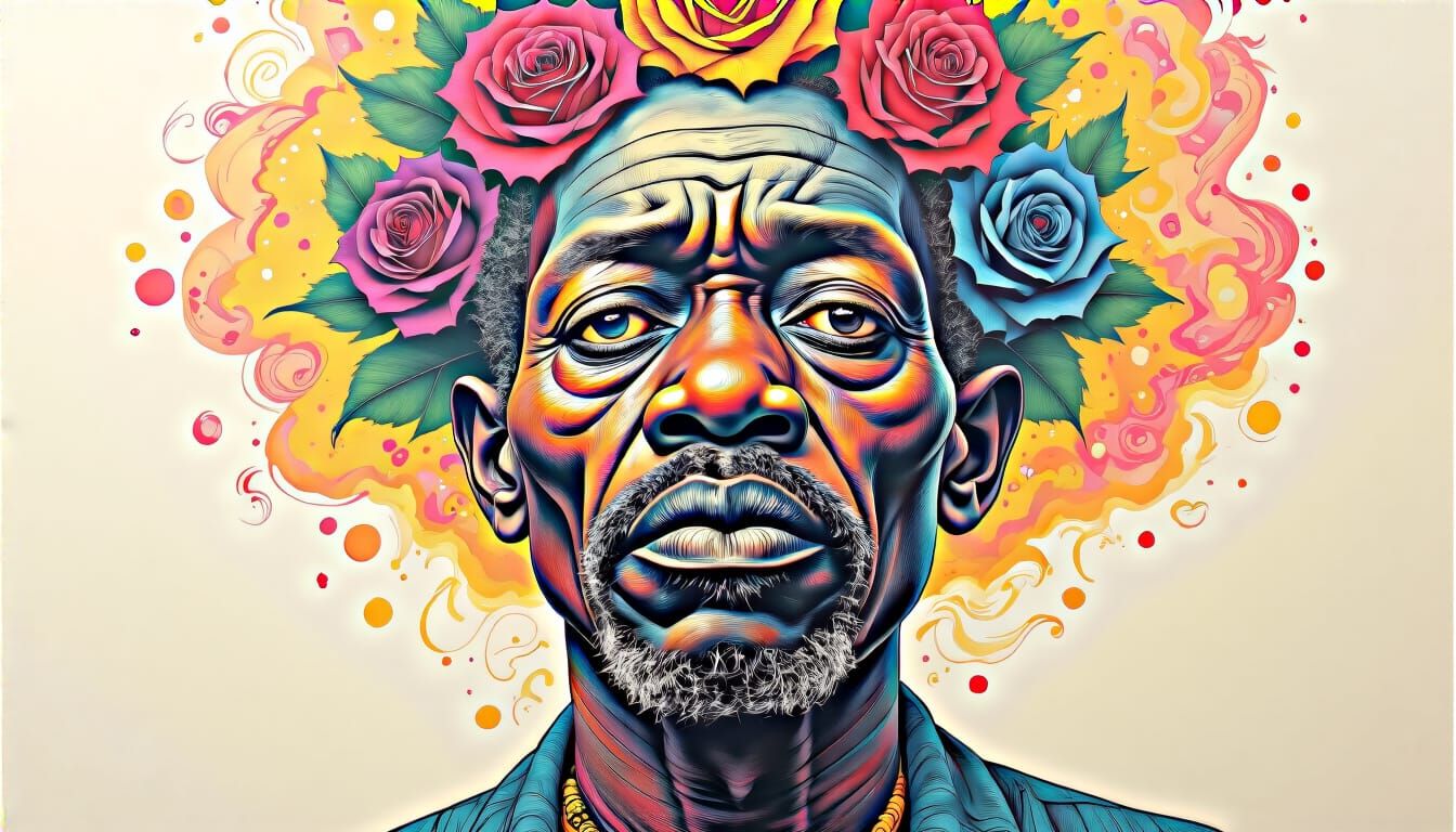 Colorful Surrealist Ink Drawing with Roses