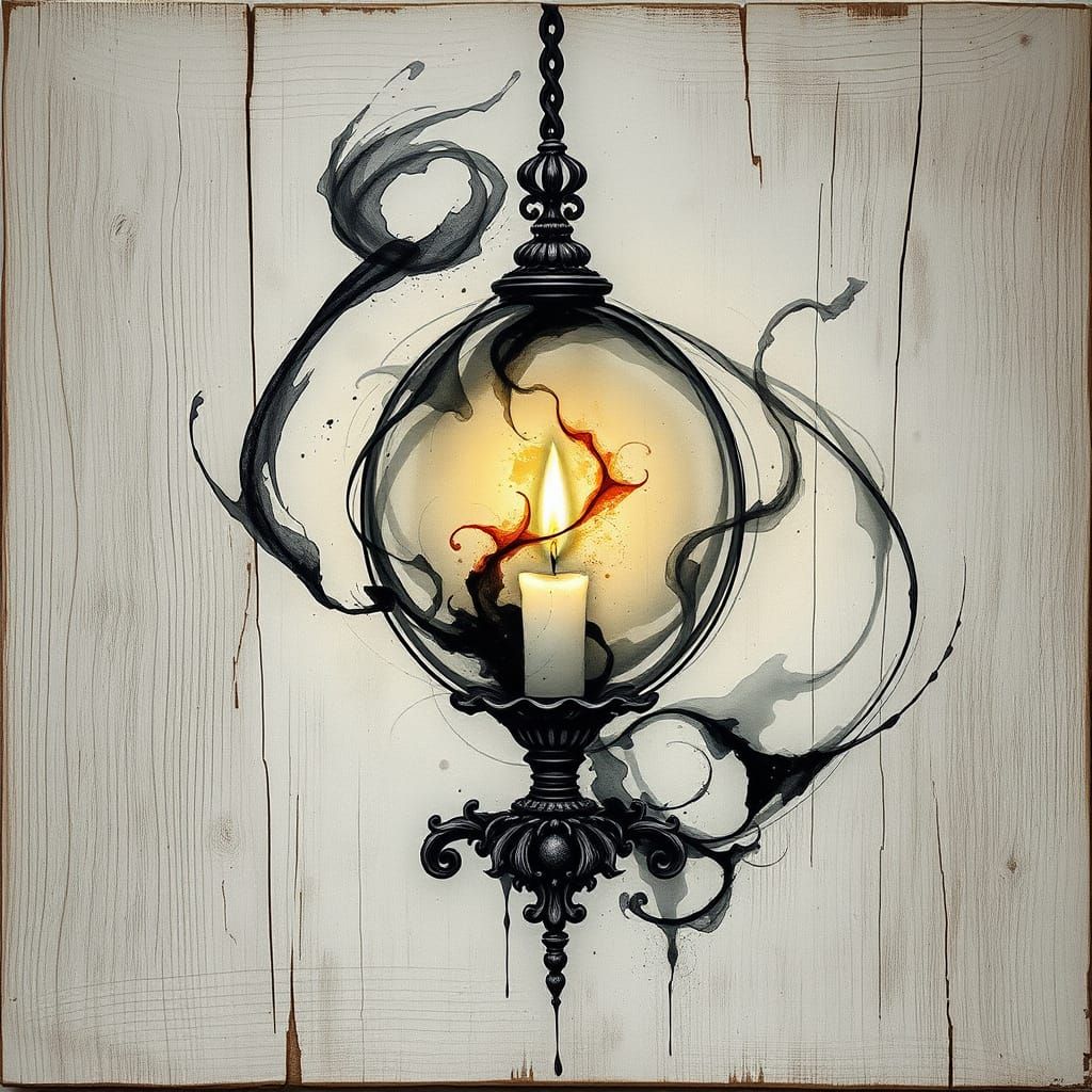 Ethereal Candle Flame in Dreamy, Ink-Blended Atmosphere