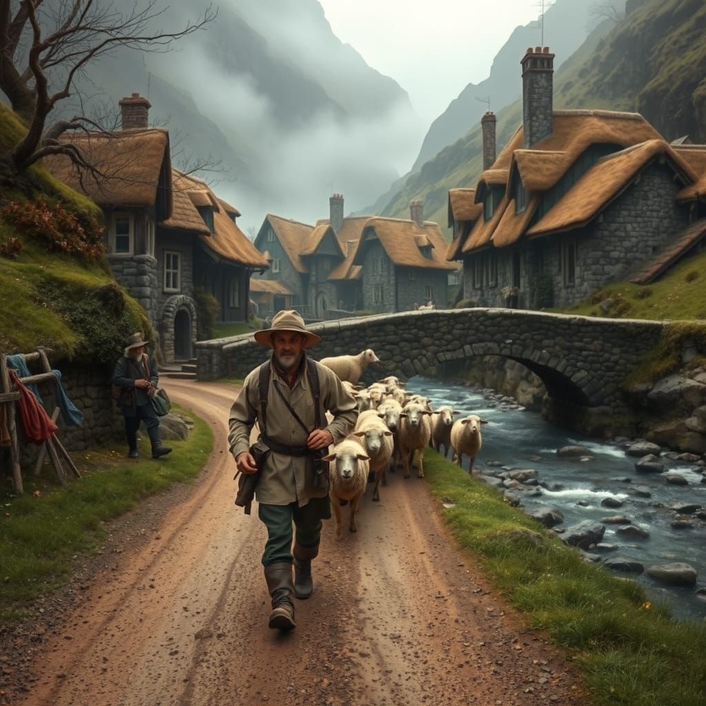 Rustic Village in Misty Mountains, Alan Lee Style