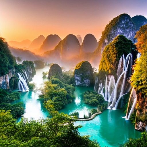 Misty Sunrise Over Castle Ruins Waterfall