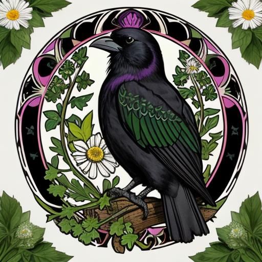 Crow in Art Nouveau Woodcut Style
