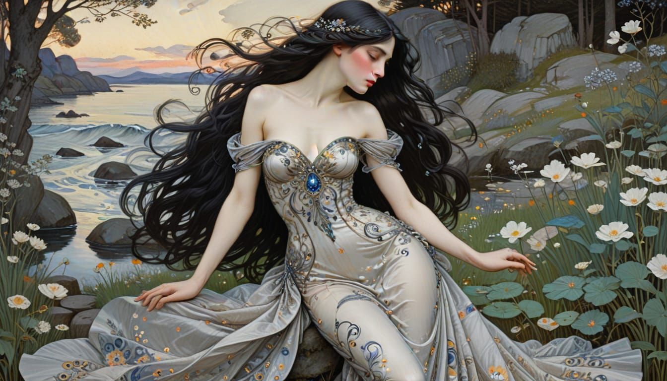 Ethereal Lady in Gustav Klimt-Inspired Masterpiece Gown
