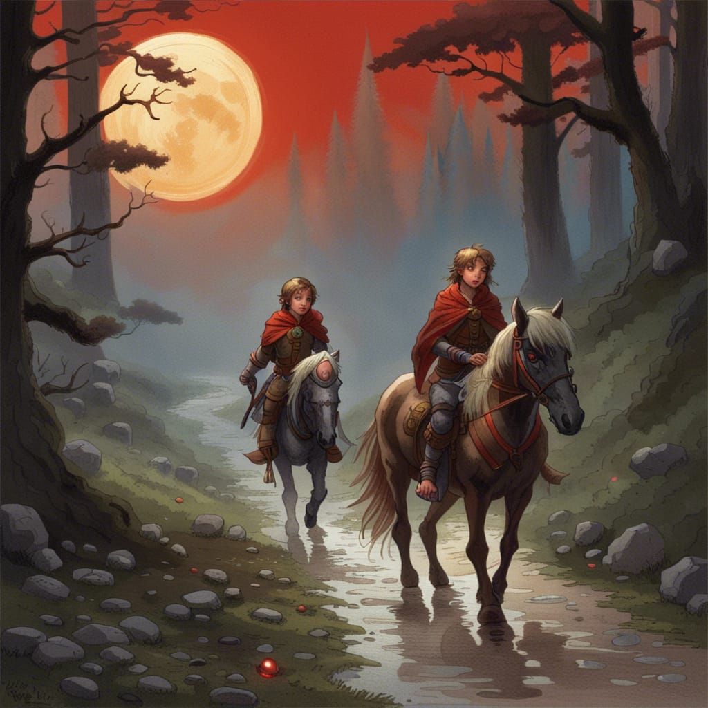 Halfling Leads Pony Under Red Moon in Misty Forest