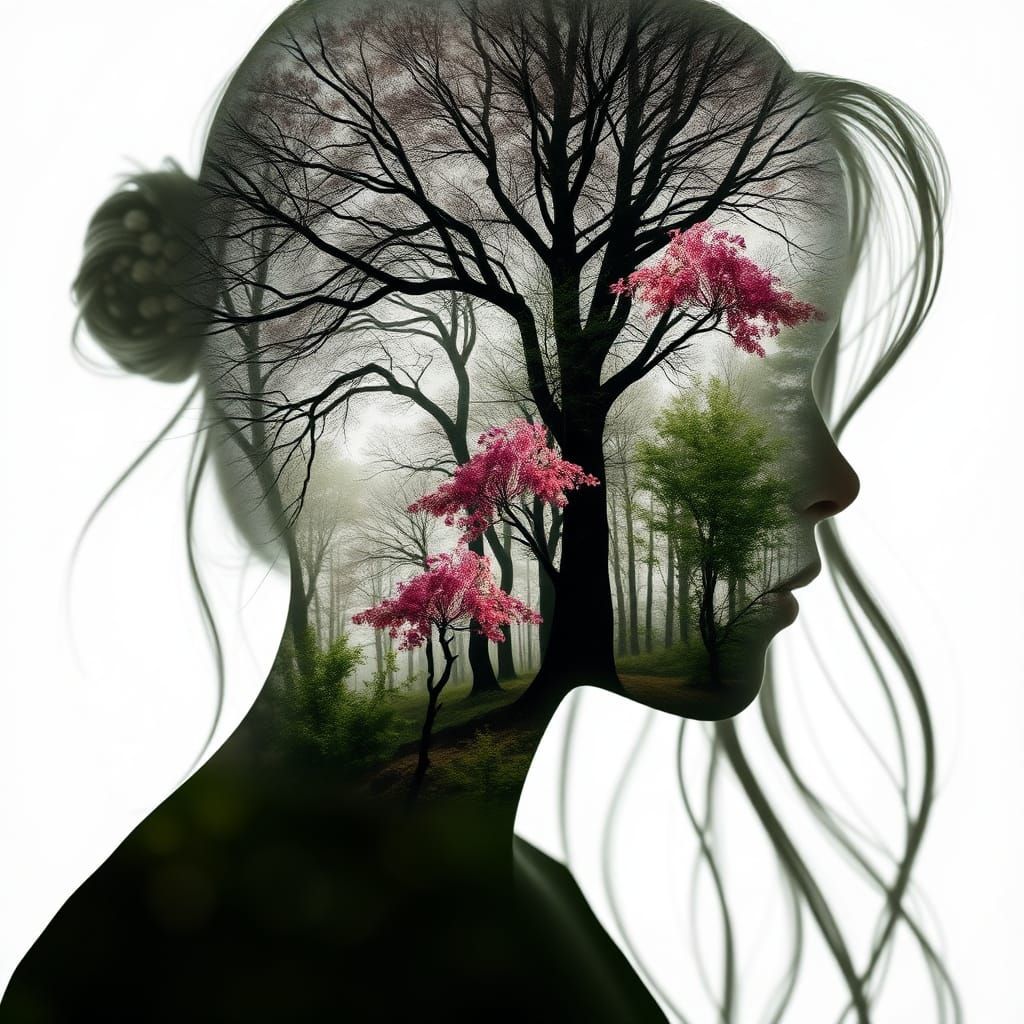 Ethereal Girl's Face Amidst Spring Forest in Delicate Silhou...
