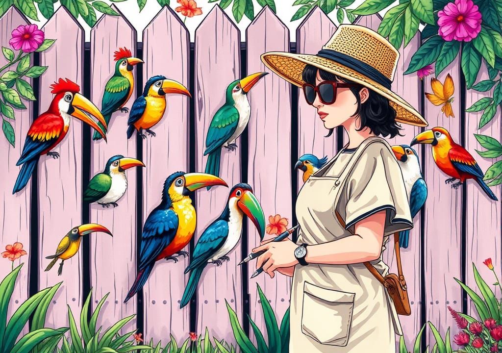 Whimsical Artist Paints Cartoon Jungle Birds