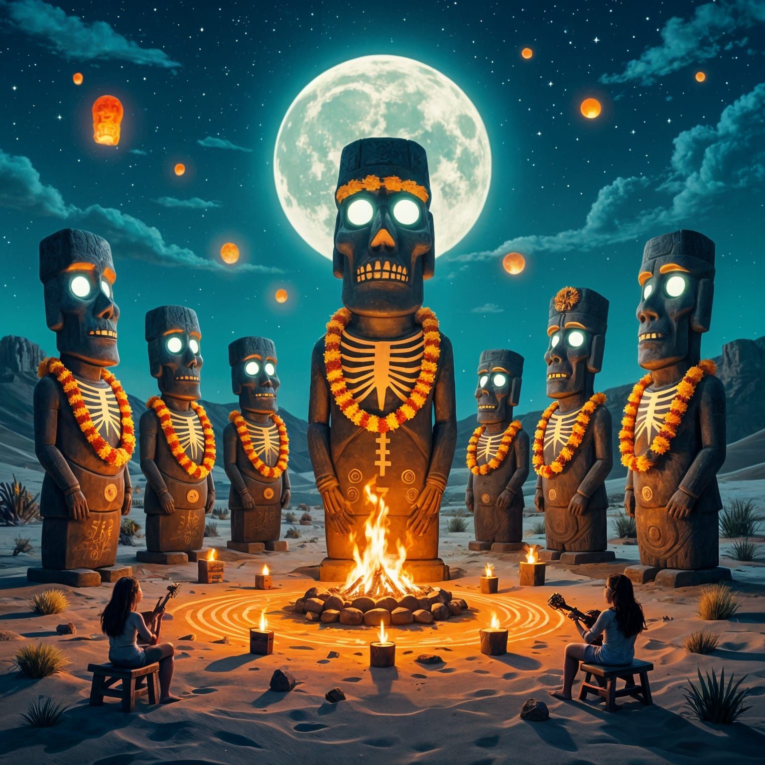 Moai Statues Dance in Moonlit Desert Día de los Muertos Cele...