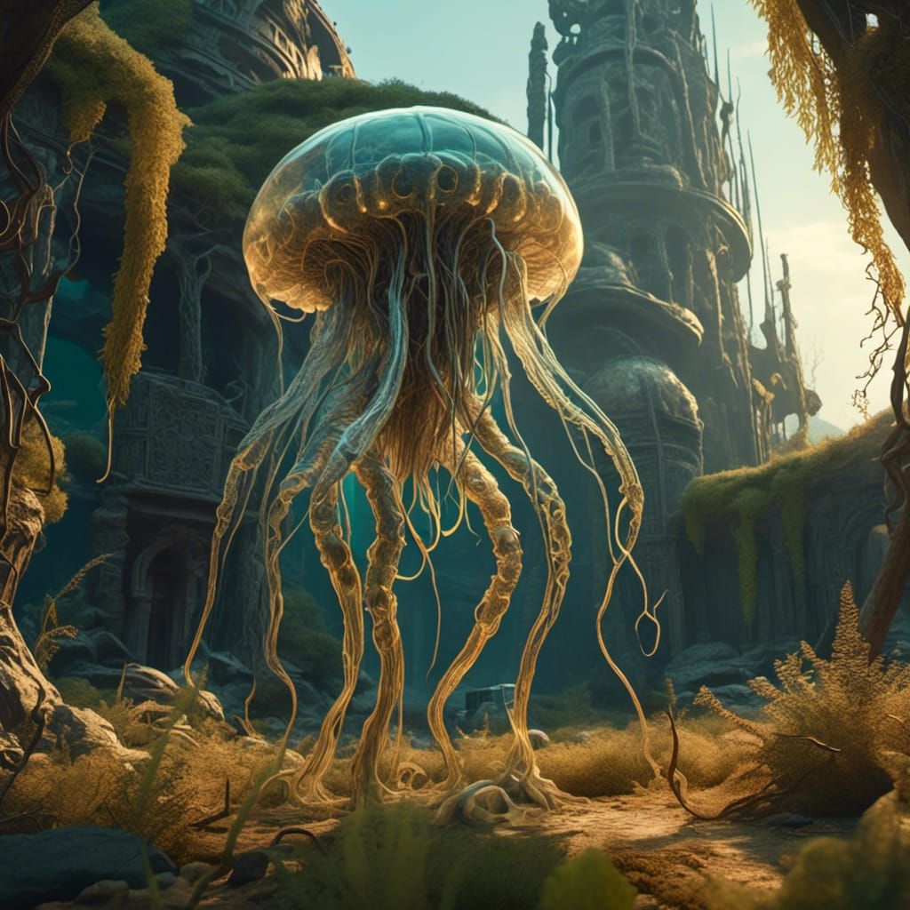 Ancient Alien Among Ruins in Cinematic 3D Art