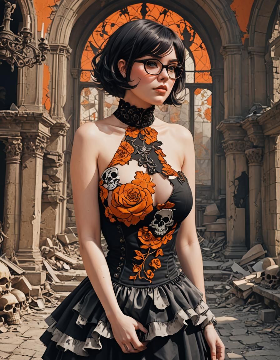 Gothic Velma Dinkley in a Bustier with a Shabby Background