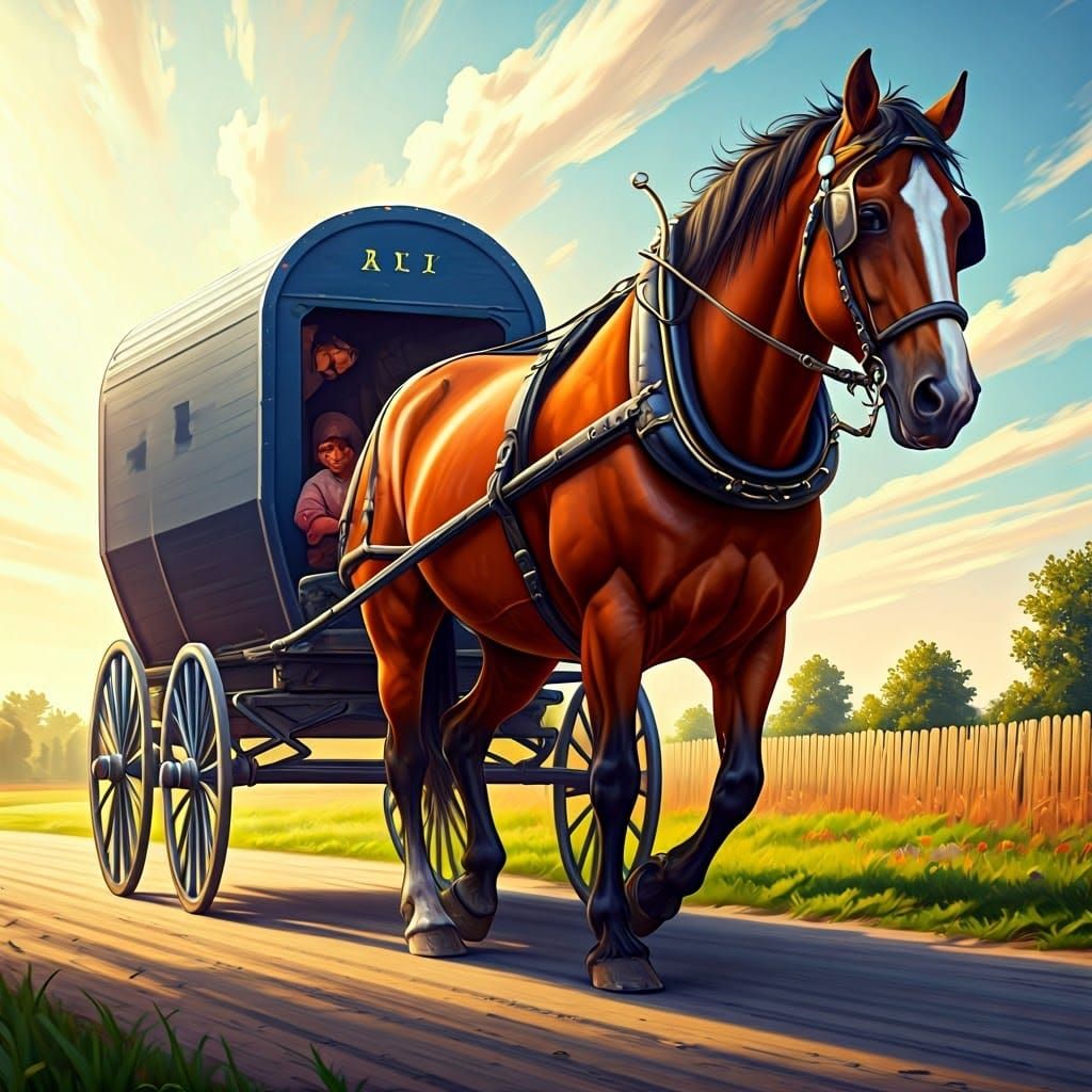 Horse Pulls Colorful Amish Cart in Vivid Detail