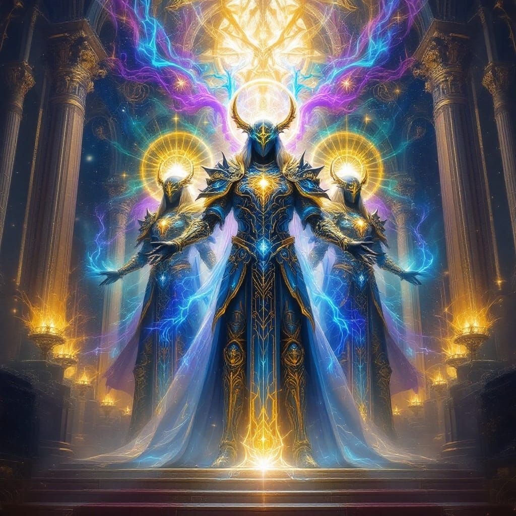 Divine Beings in Radiant Armor, Surrounded by Celestial Ener...