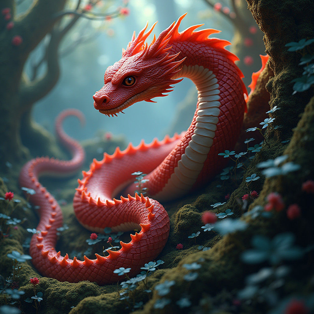 Majestic Red Serpent in Mystical Forest: Fantasy Concept Art