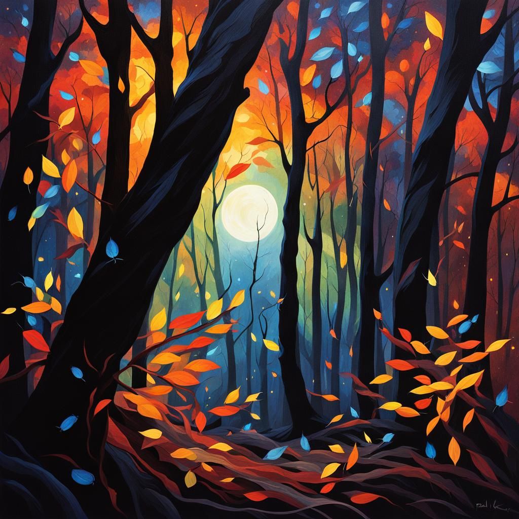 Enchanted Forest at Night in Abstract Expressionism