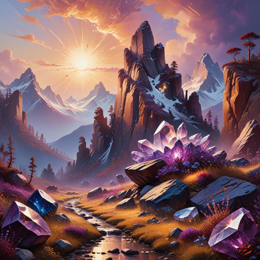 Vibrant Oil Painting of Amethyst Mountains in Sapphire Sky w...