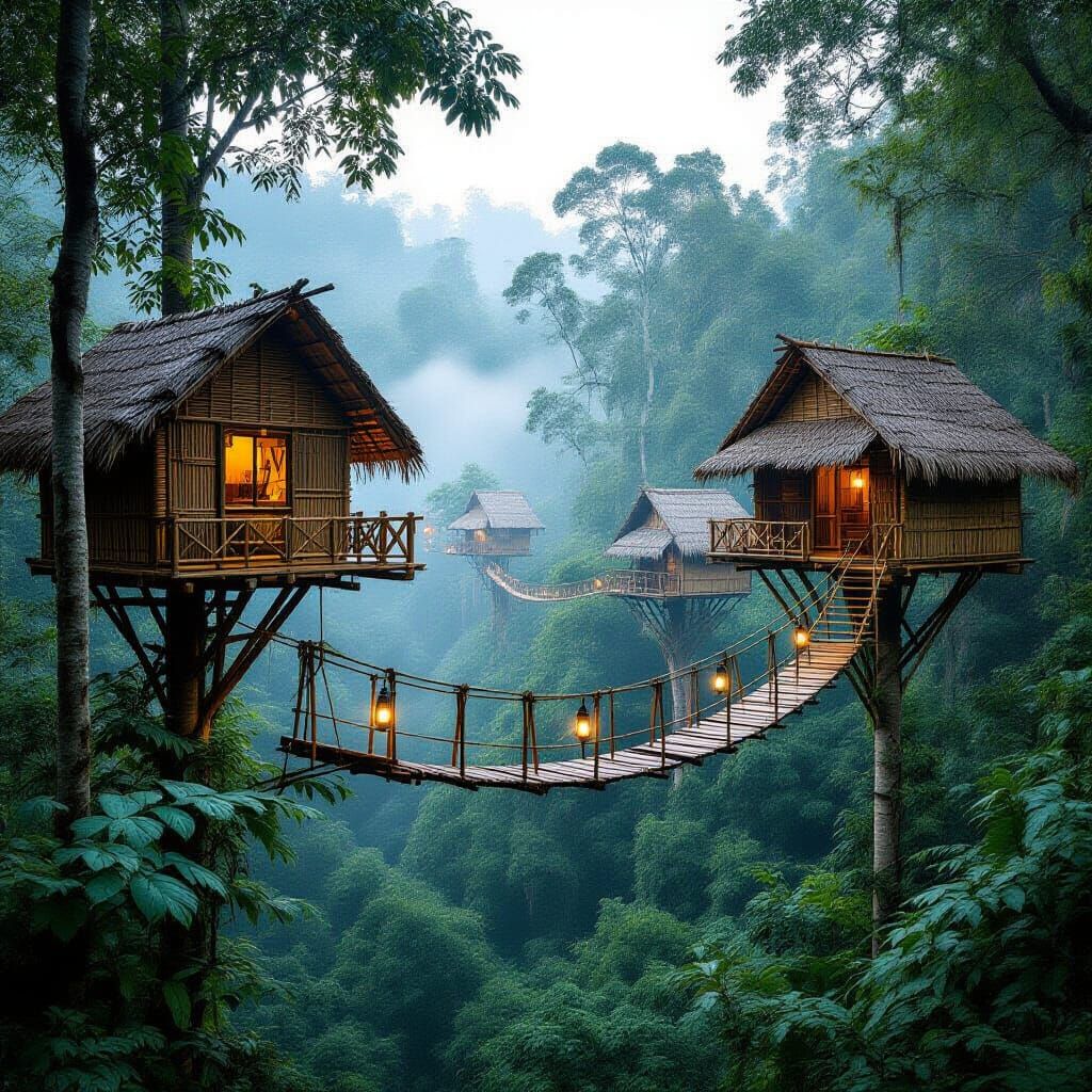 Jungle Village Huts Suspended from Trees